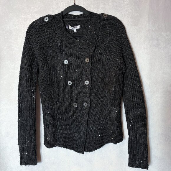 Jennifer Lopez Sequin Knit Cardigan Sweater Double Breast Metallic Black Size S - Picture 7 of 12